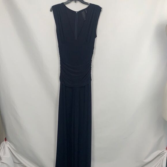 Norma Kamali navy cinched waist v neck jumpsuit